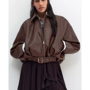 Brown Faux Leather Bomber Jacket
